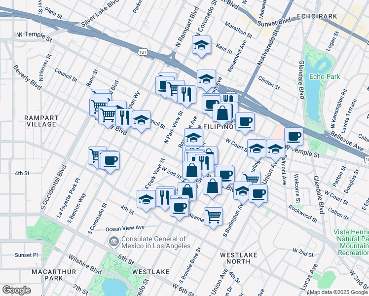 map of restaurants, bars, coffee shops, grocery stores, and more near 132 Rosemont Avenue in Los Angeles