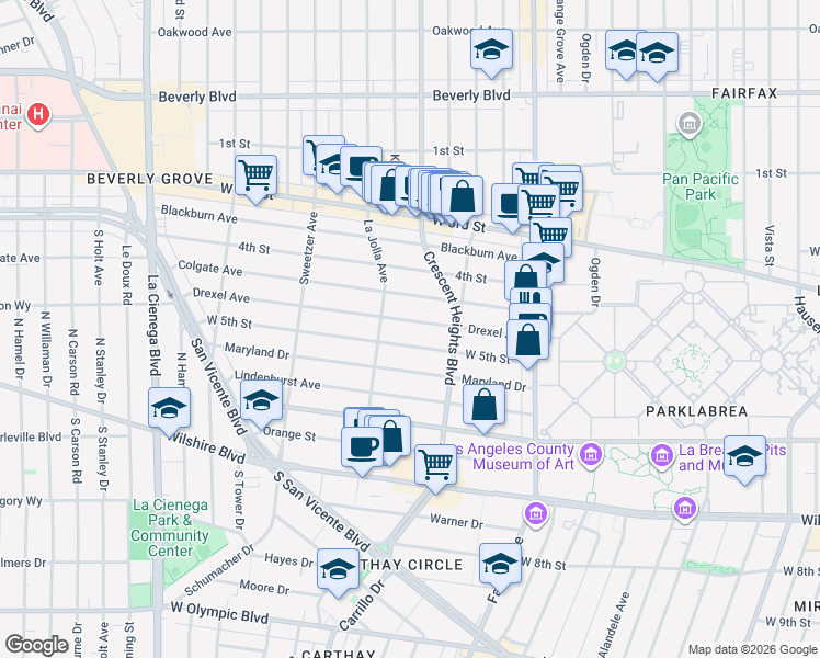 map of restaurants, bars, coffee shops, grocery stores, and more near 6351 West 5th Street in Los Angeles
