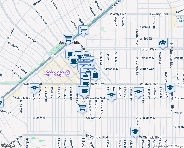 map of restaurants, bars, coffee shops, grocery stores, and more near 201 North Crescent Drive in Beverly Hills