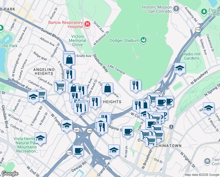 map of restaurants, bars, coffee shops, grocery stores, and more near 1001 Figueroa Terrace in Los Angeles