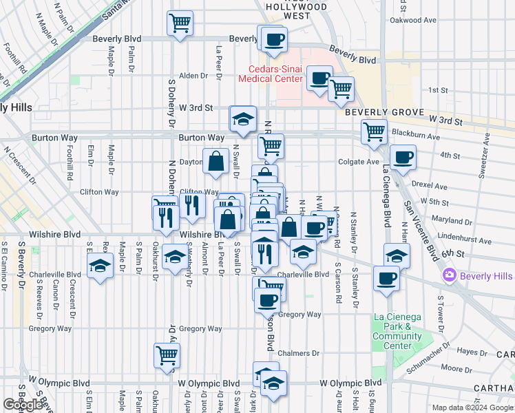 map of restaurants, bars, coffee shops, grocery stores, and more near 124 North Clark Drive in Beverly Hills