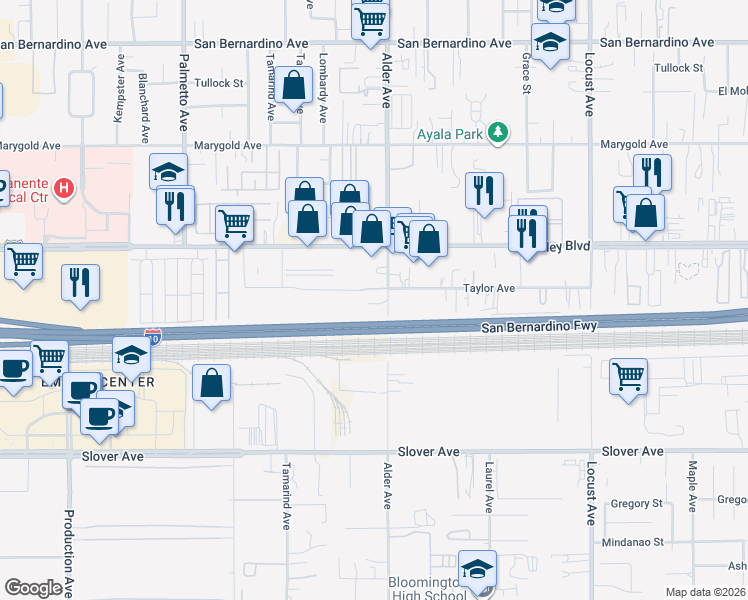 map of restaurants, bars, coffee shops, grocery stores, and more near 10204 Alder Avenue in Bloomington