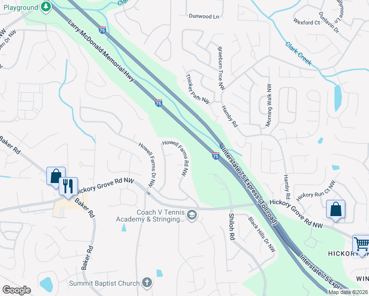 map of restaurants, bars, coffee shops, grocery stores, and more near 4549 Howell Farms Road Northwest in Acworth