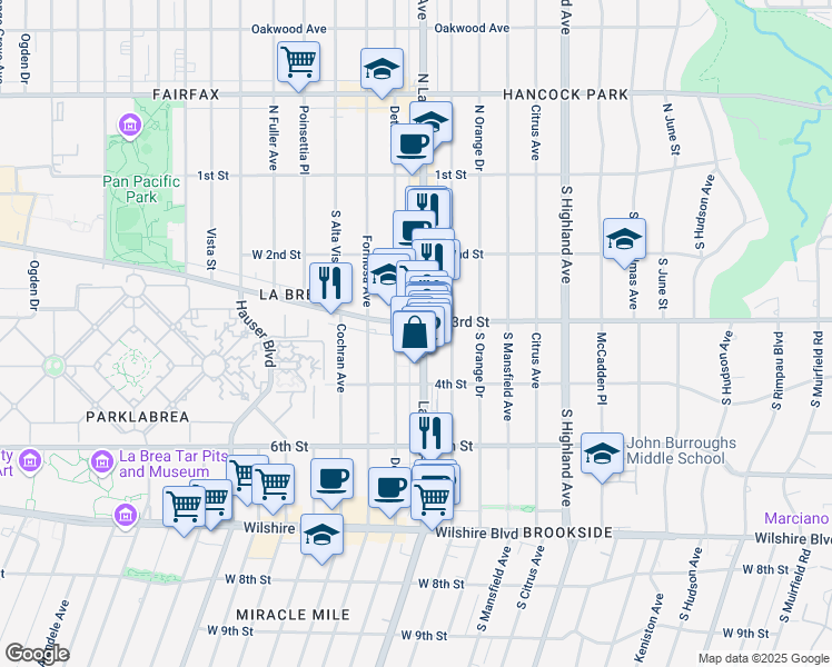 map of restaurants, bars, coffee shops, grocery stores, and more near 303 South La Brea Avenue in Los Angeles