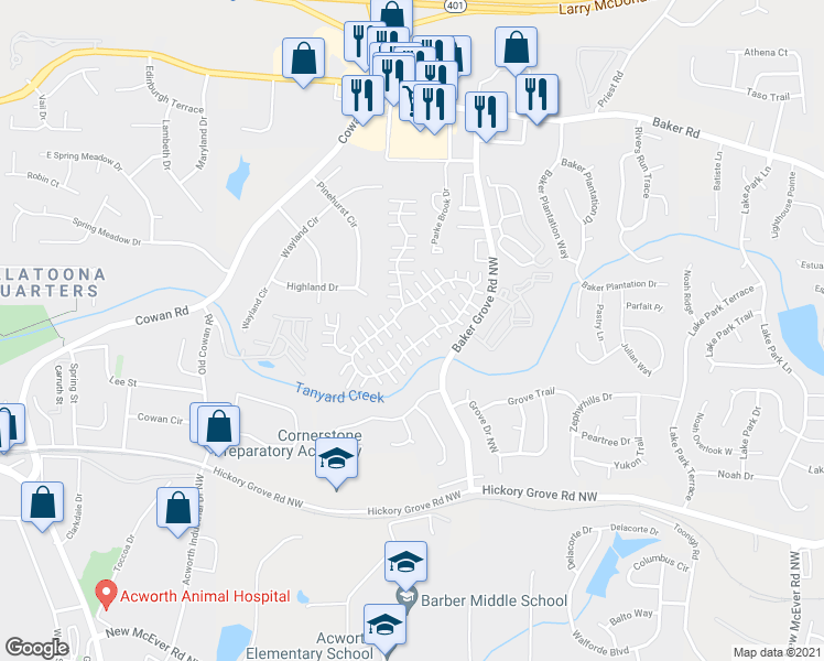 map of restaurants, bars, coffee shops, grocery stores, and more near 309 Windcroft Cir NW in Acworth