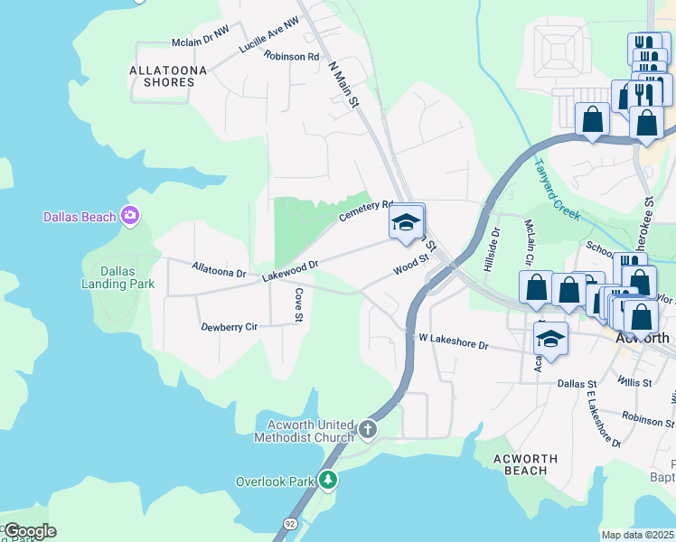 map of restaurants, bars, coffee shops, grocery stores, and more near 4847 Lakewood Drive in Acworth