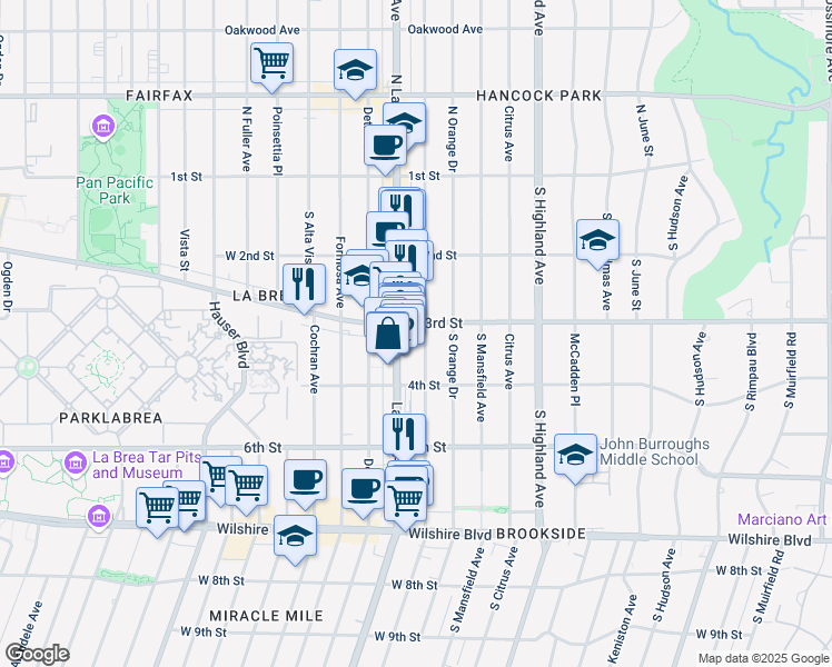 map of restaurants, bars, coffee shops, grocery stores, and more near 307 South Sycamore Avenue in Los Angeles