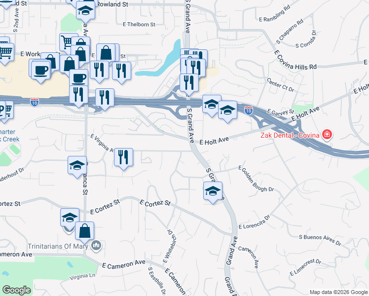 map of restaurants, bars, coffee shops, grocery stores, and more near 3314 East Virginia Avenue in West Covina