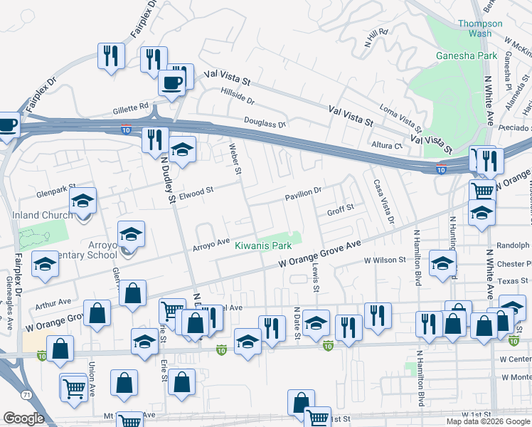map of restaurants, bars, coffee shops, grocery stores, and more near 1045 Cathedral Way in Pomona