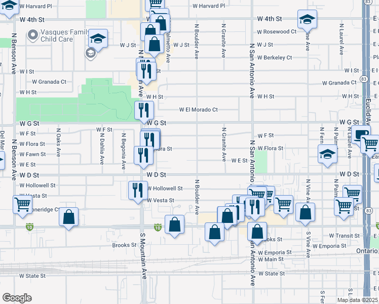 map of restaurants, bars, coffee shops, grocery stores, and more near 918 West E Street in Ontario