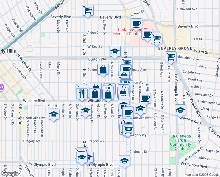 map of restaurants, bars, coffee shops, grocery stores, and more near 133 North Swall Drive in Beverly Hills