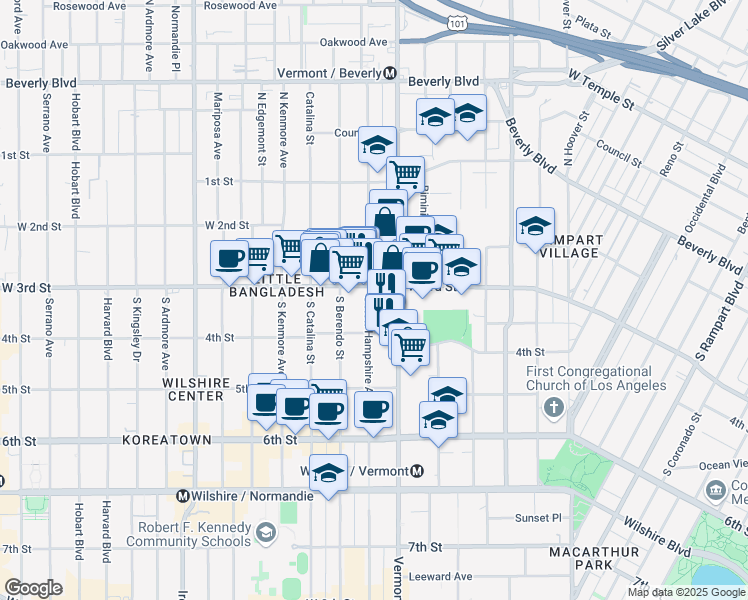 map of restaurants, bars, coffee shops, grocery stores, and more near 316 South New Hampshire Avenue in Los Angeles