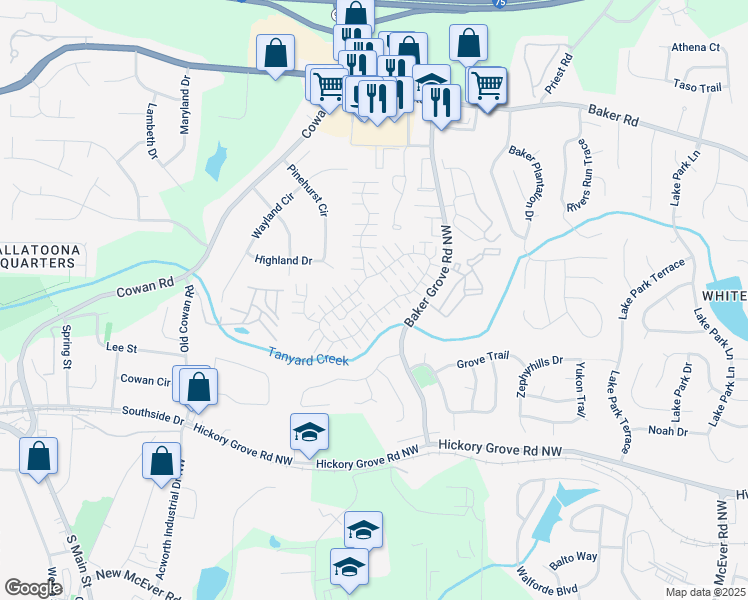 map of restaurants, bars, coffee shops, grocery stores, and more near 309 Windcroft Court Northwest in Acworth