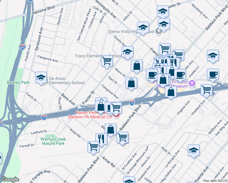 map of restaurants, bars, coffee shops, grocery stores, and more near 13227 Fairgrove Avenue in Baldwin Park