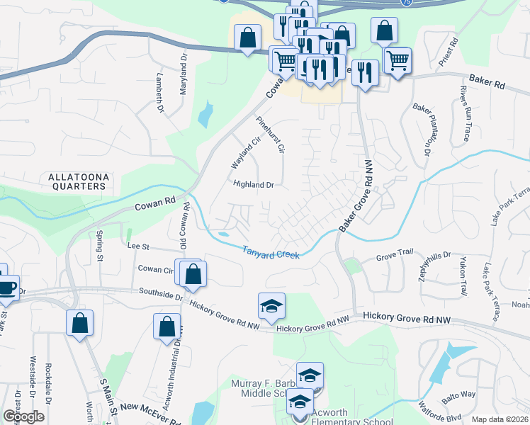 map of restaurants, bars, coffee shops, grocery stores, and more near 140 Windcroft Court Northwest in Acworth