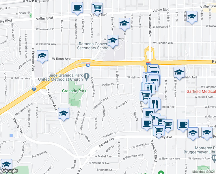 map of restaurants, bars, coffee shops, grocery stores, and more near 2204 Carwile Drive in Alhambra