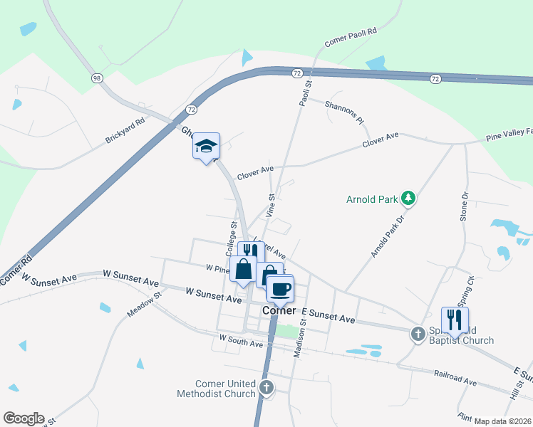 map of restaurants, bars, coffee shops, grocery stores, and more near 118 Vine Street in Comer