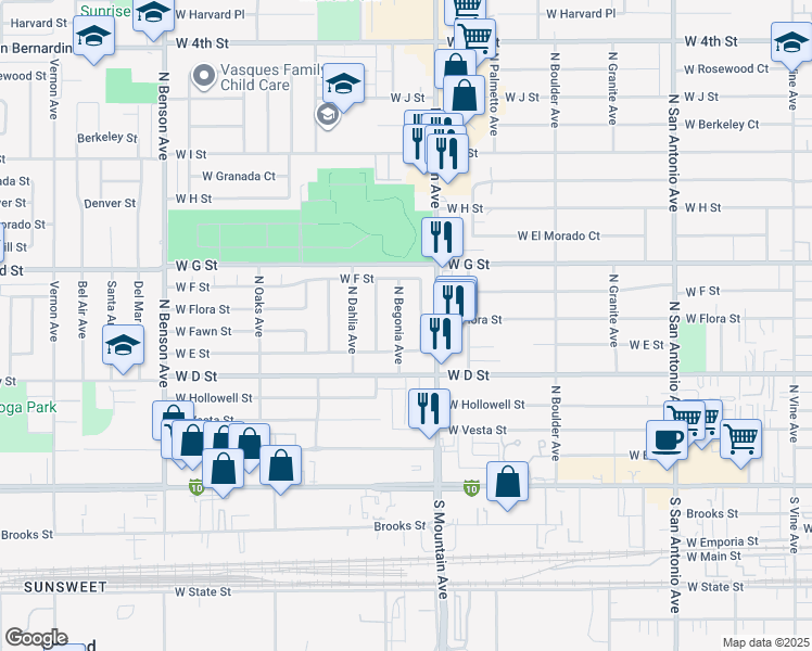 map of restaurants, bars, coffee shops, grocery stores, and more near 456 North Begonia Avenue in Ontario