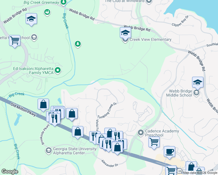 map of restaurants, bars, coffee shops, grocery stores, and more near 11960 Morning Mist Drive in Alpharetta