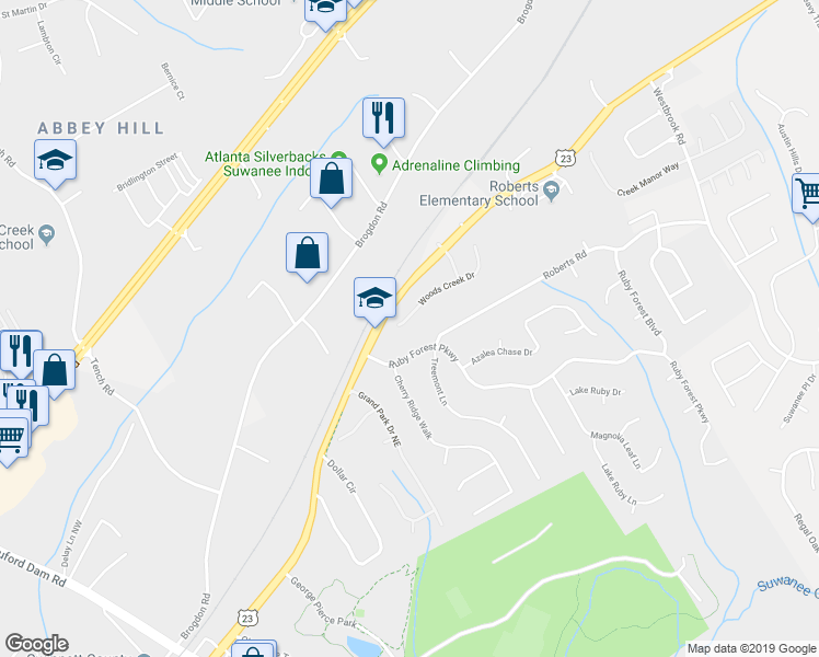 map of restaurants, bars, coffee shops, grocery stores, and more near 47 Woods Creek Drive in Suwanee