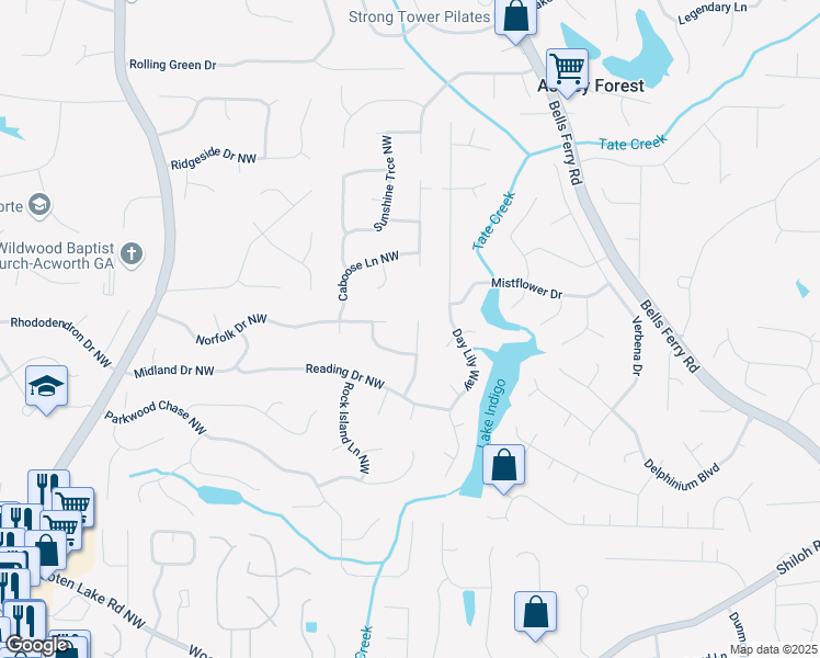 map of restaurants, bars, coffee shops, grocery stores, and more near 4809 Burlington Court Northwest in Acworth