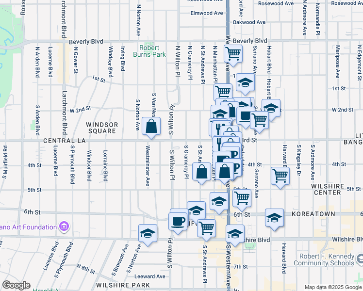 map of restaurants, bars, coffee shops, grocery stores, and more near 311 South Gramercy Place in Los Angeles