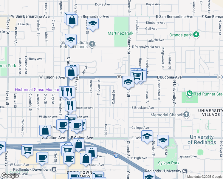 map of restaurants, bars, coffee shops, grocery stores, and more near 1209 Oxford Drive in Redlands
