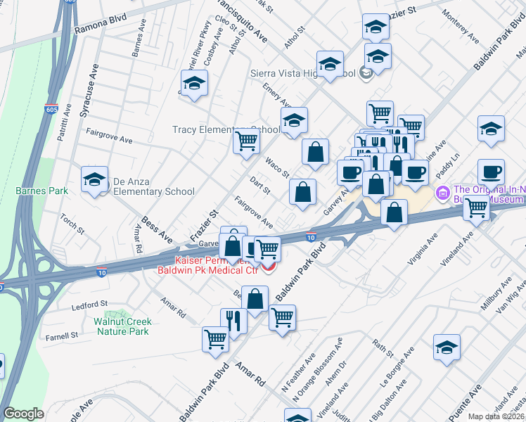 map of restaurants, bars, coffee shops, grocery stores, and more near 3109 Robinette Avenue in Baldwin Park