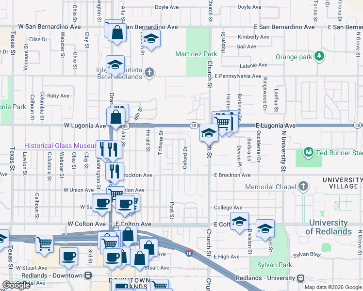 map of restaurants, bars, coffee shops, grocery stores, and more near 1140 Oxford Drive in Redlands