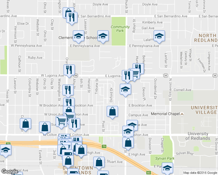 map of restaurants, bars, coffee shops, grocery stores, and more near 1209 Oxford Drive in Redlands