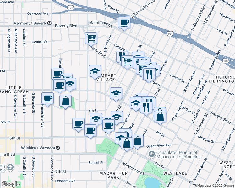 map of restaurants, bars, coffee shops, grocery stores, and more near 249 South Occidental Boulevard in Los Angeles