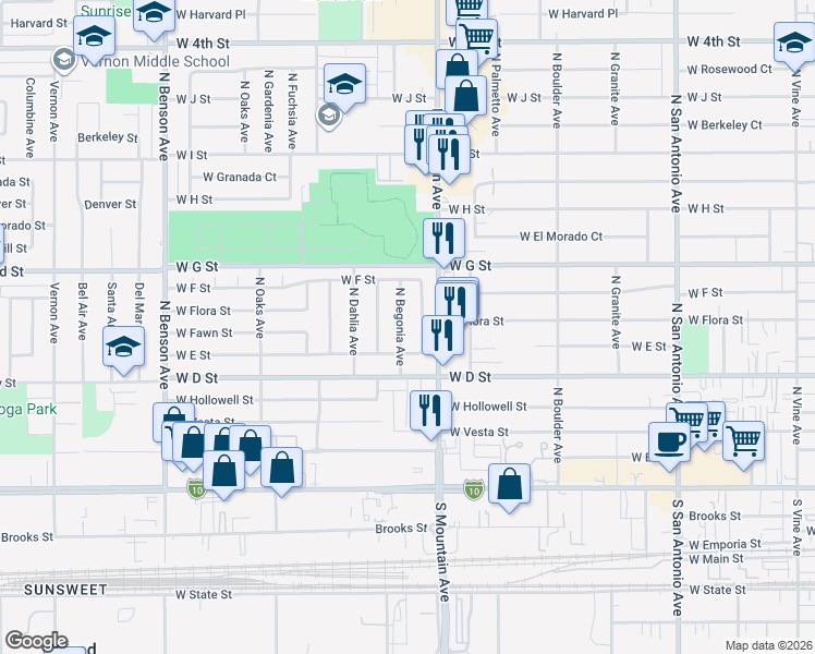 map of restaurants, bars, coffee shops, grocery stores, and more near 456 North Begonia Avenue in Ontario