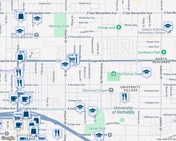 map of restaurants, bars, coffee shops, grocery stores, and more near 1239 Occidental Drive in Redlands