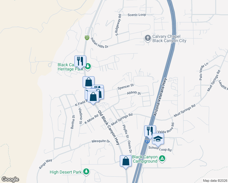 map of restaurants, bars, coffee shops, grocery stores, and more near 19281 Abbott Street in Black Canyon City