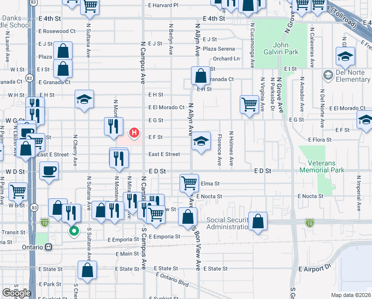 map of restaurants, bars, coffee shops, grocery stores, and more near 840 East E Street in Ontario