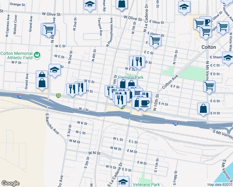 map of restaurants, bars, coffee shops, grocery stores, and more near 229 West Valley Boulevard in Colton