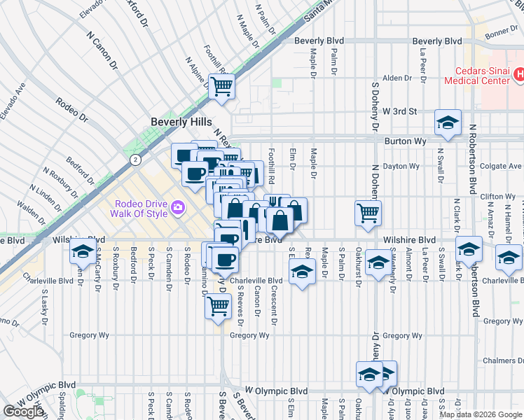 map of restaurants, bars, coffee shops, grocery stores, and more near Clifton Way in Beverly Hills