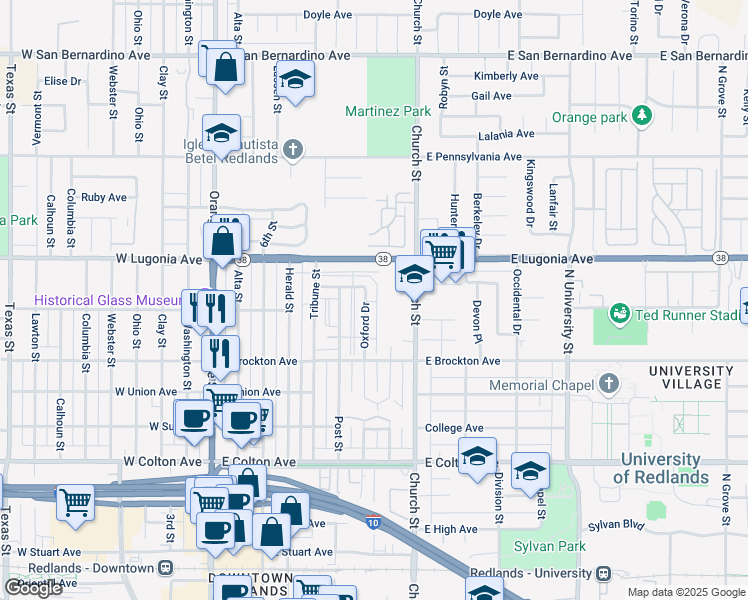 map of restaurants, bars, coffee shops, grocery stores, and more near 1140 Oxford Drive in Redlands