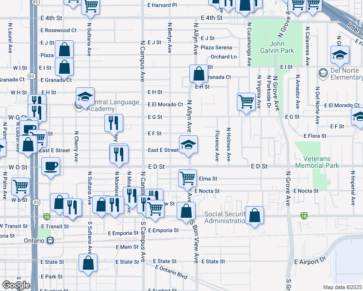 map of restaurants, bars, coffee shops, grocery stores, and more near 844 East E Street in Ontario