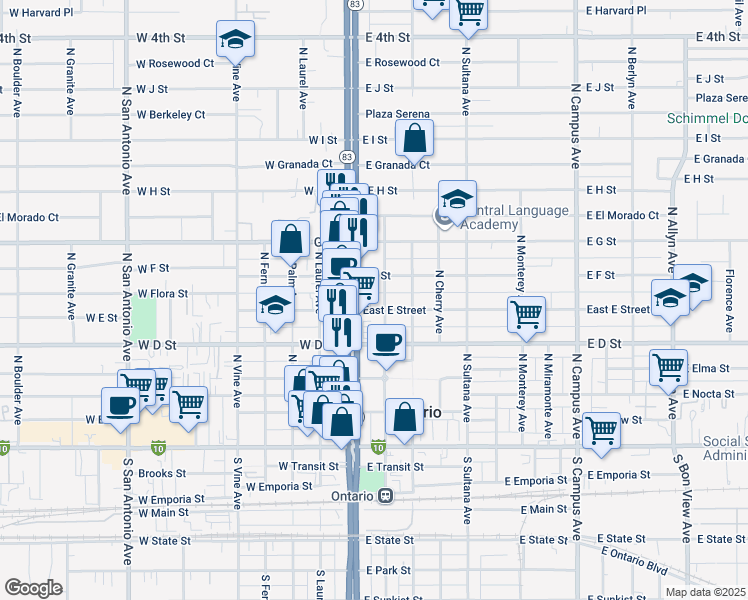map of restaurants, bars, coffee shops, grocery stores, and more near 430 North Lemon Avenue in Ontario