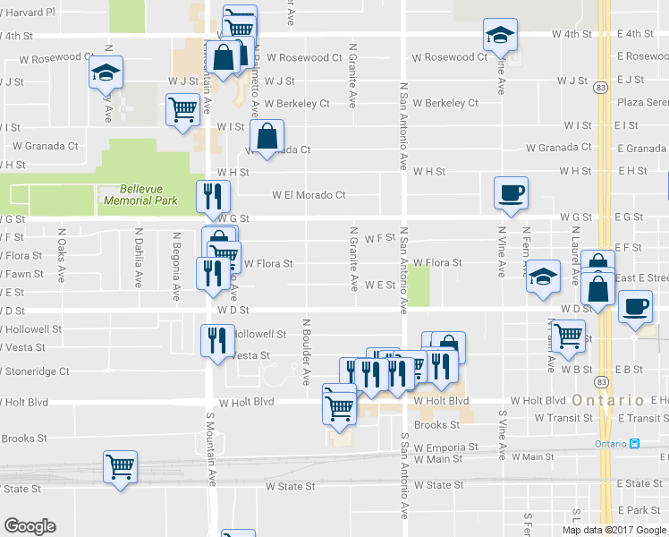 map of restaurants, bars, coffee shops, grocery stores, and more near 844 West E Street in Ontario