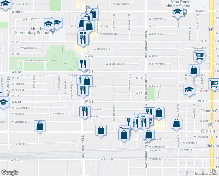 map of restaurants, bars, coffee shops, grocery stores, and more near 918 West E Street in Ontario