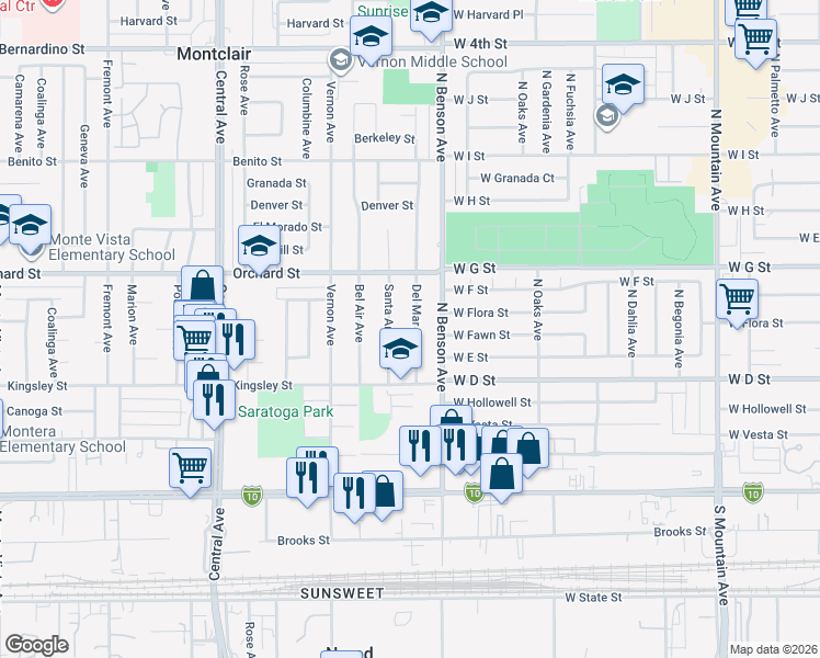 map of restaurants, bars, coffee shops, grocery stores, and more near 10251 Santa Anita Avenue in Montclair