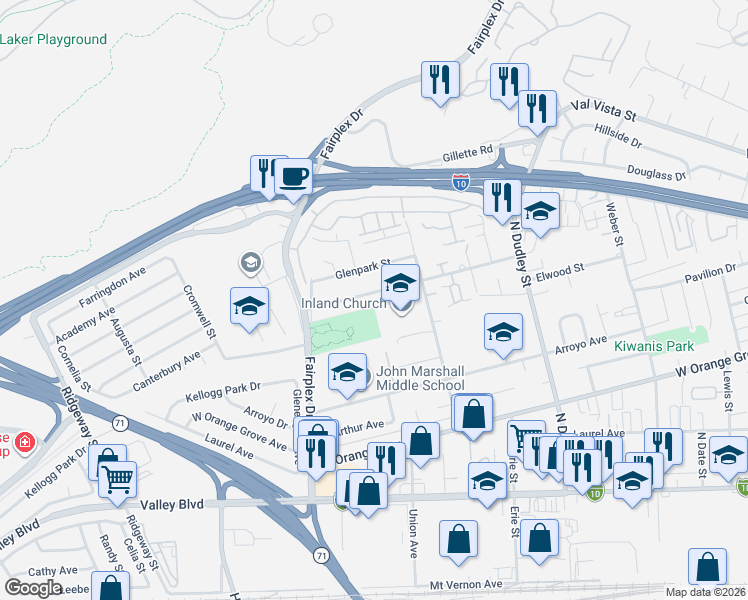 map of restaurants, bars, coffee shops, grocery stores, and more near 1101 Glen Avenue in Pomona