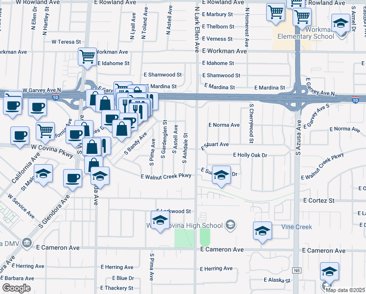 map of restaurants, bars, coffee shops, grocery stores, and more near 317 South Ashdale Street in West Covina