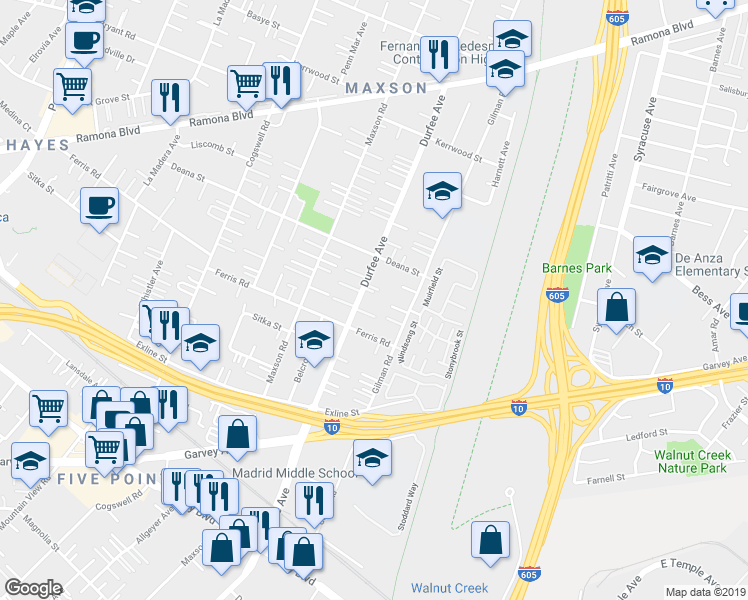 map of restaurants, bars, coffee shops, grocery stores, and more near 3620 Durfee Avenue in El Monte