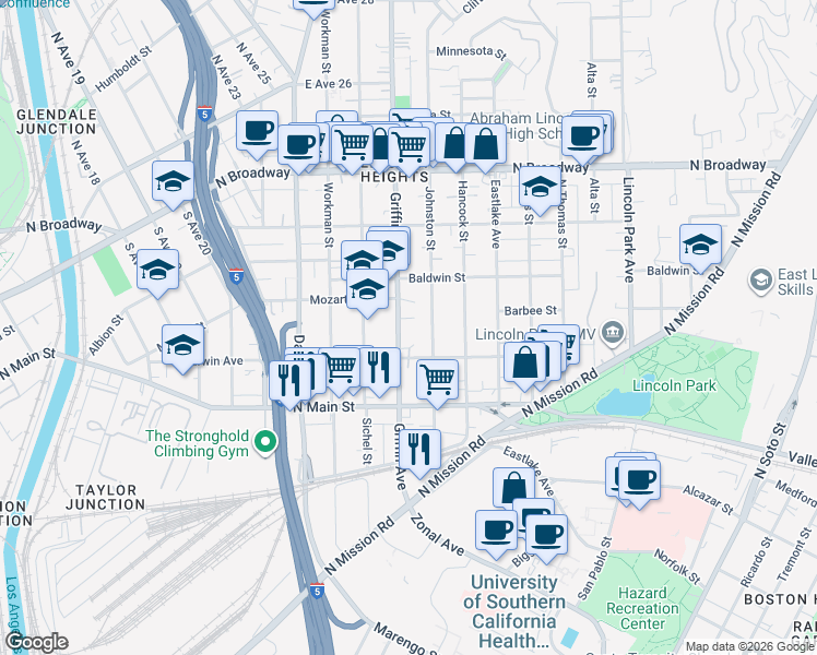 map of restaurants, bars, coffee shops, grocery stores, and more near 2009 Johnston Street in Los Angeles