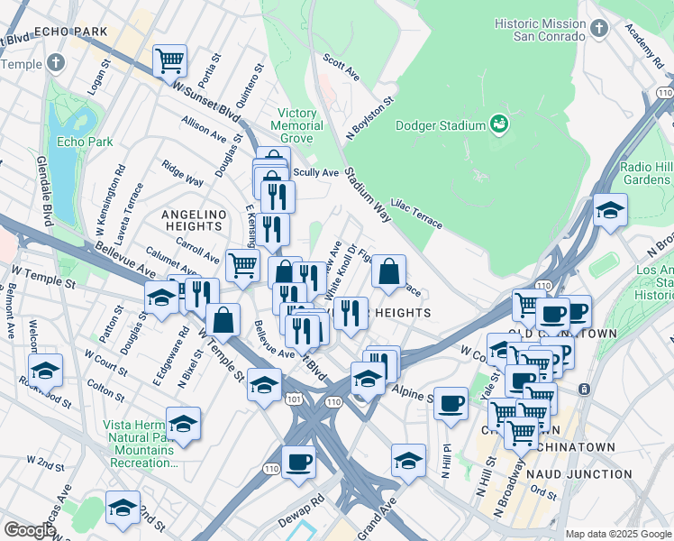 map of restaurants, bars, coffee shops, grocery stores, and more near 929 White Knoll Drive in Los Angeles