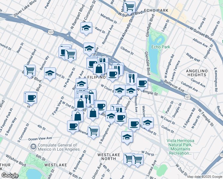 map of restaurants, bars, coffee shops, grocery stores, and more near in Los Angeles