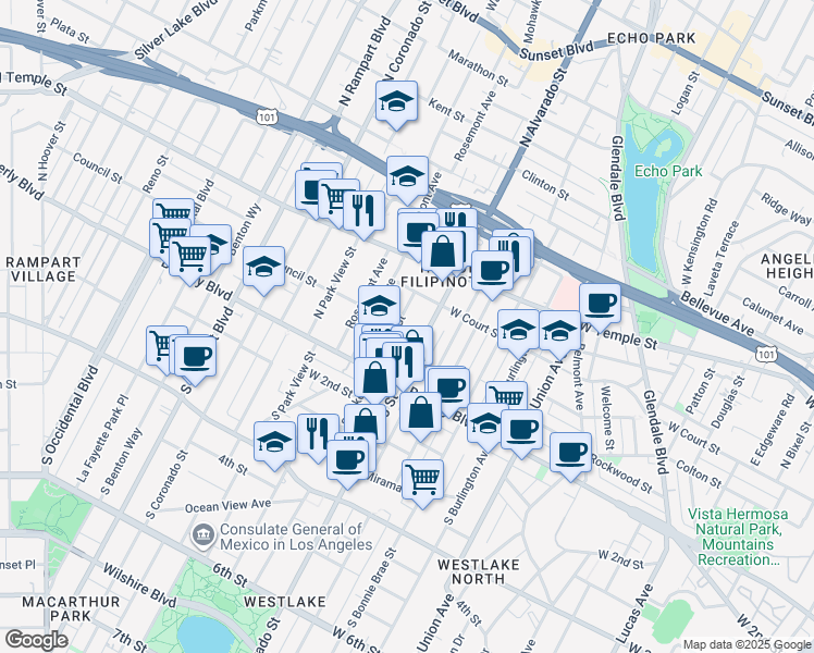 map of restaurants, bars, coffee shops, grocery stores, and more near 141 North Alvarado Street in Los Angeles